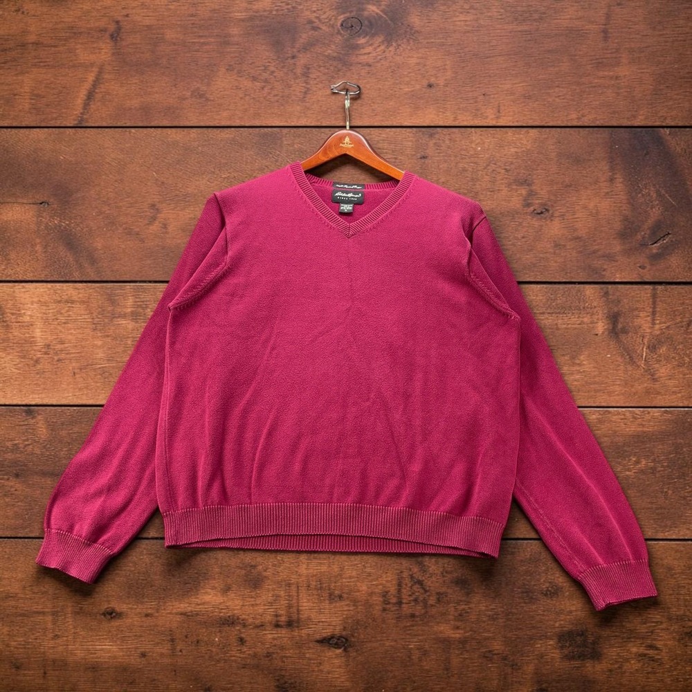 Vintage Eddie Bauer Mens Supima Pima Cotton V-Neck Sweater Berry XL Made in UK